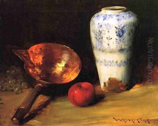 Still Liife with China Vase, Copper Pot, an Apple and a Bunch of Grapes Oil Painting by William Merritt Chase