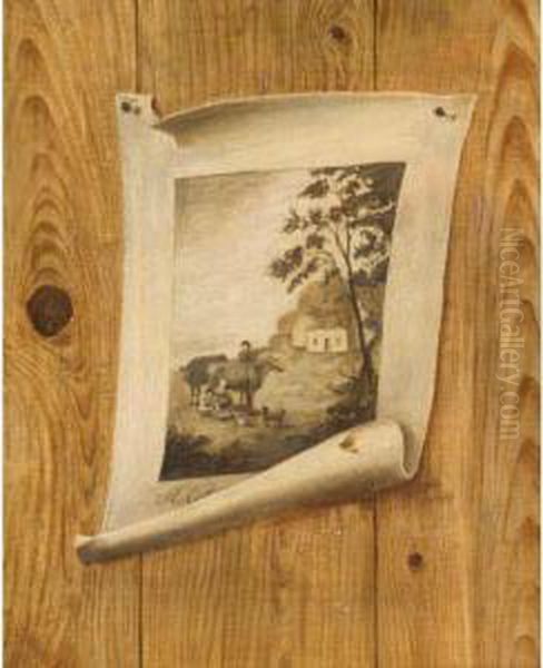 Trompe L'oeil Of A Print Pinned To A Wooden Wall Oil Painting by De Scott Evans