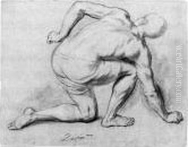 A Crouching Figure Seen From Behind Oil Painting by Henri Antoine de Favanne