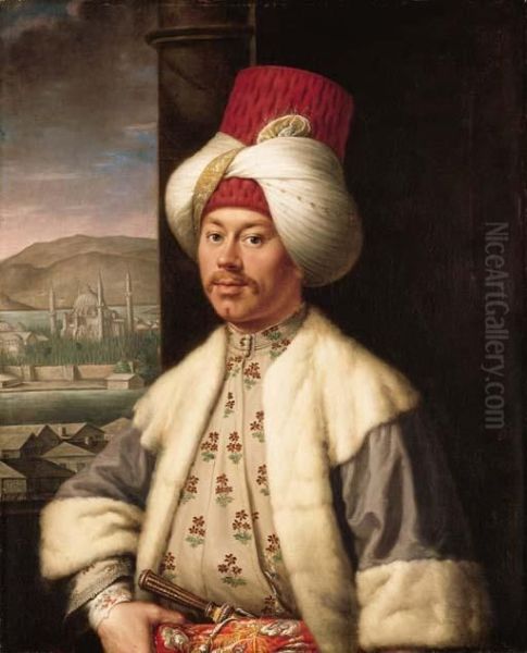 Portrait Of A Gentleman, 
Half-length, In Ottoman Dress, With A Jewelled Dagger In His Belt, 
Standing By A Window, A Palace Beyond Oil Painting by Antoine de Favray