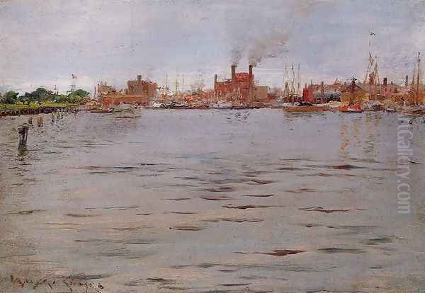 Harbor Scene Brooklyn Docks Oil Painting by William Merritt Chase