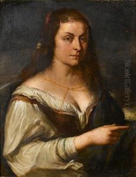 Portrait Of A Young Woman, 
Half-length, With Aflower In Her Hair, A Brown Waistcoat, A White 
Chemise And A Bluewrap Oil Painting by Orazio De Ferrari