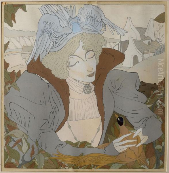 Femme A L'oiseau Oil Painting by Georges de Feure