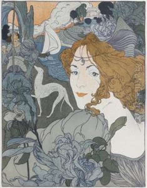 Retour. On Joint : - Sous Les Fleurs Par E. Aman-jean. Oil Painting by Georges de Feure