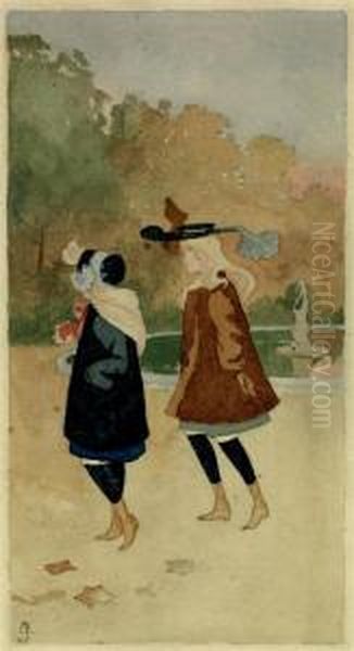 Deux Fillettes Au Parc Oil Painting by Georges de Feure