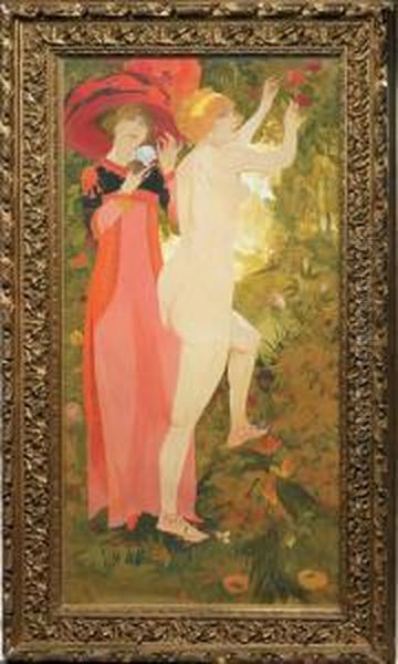 Elegante Et Nu Feminin E La Pomme Oil Painting by Georges de Feure