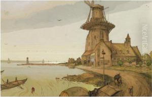 A Windmill In A Dutch River Landscape Oil Painting by Georges de Feure