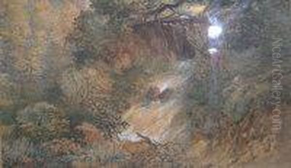 Woodland Waterfall Oil Painting by James Vivien de Fleury