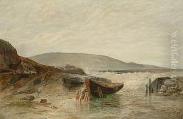 Boats In A Cove At Low Tide Oil Painting by James Vivien de Fleury