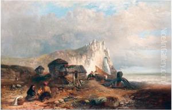 Figures On The Shore Oil Painting by James Vivien de Fleury