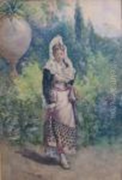 Maiden In Garden Oil Painting by Mariano De Franceschi