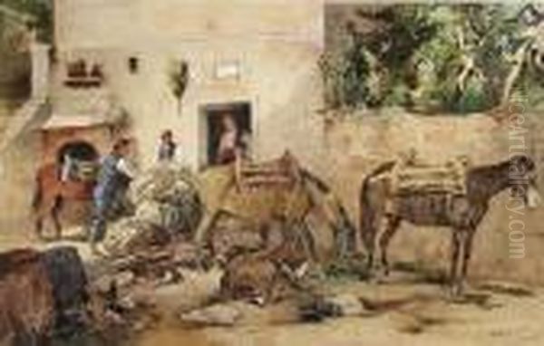 Pack Animals With Their Owners In Front Of A Tavern Oil Painting by Mariano De Franceschi