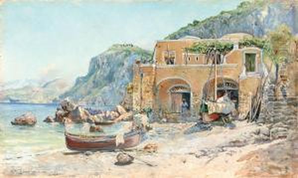 Capri, Pescherecci Sulla Spiaggia Oil Painting by Mariano De Franceschi