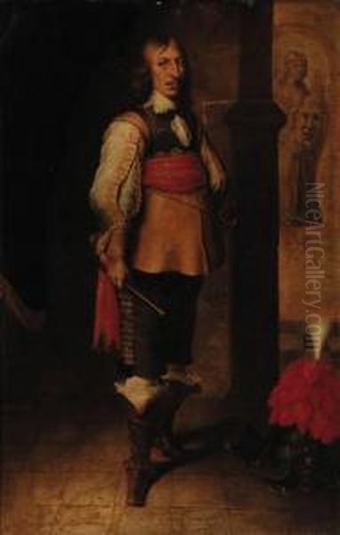 Portrait Of An Officer, Standing
 Small-full-length, In A Buffjekin, Breast Plate And A Red Embroidered 
Sash, Holding A Baton, Aplumed Helmet At His Feet Oil Painting by Wybrand Simonsz. de Geest