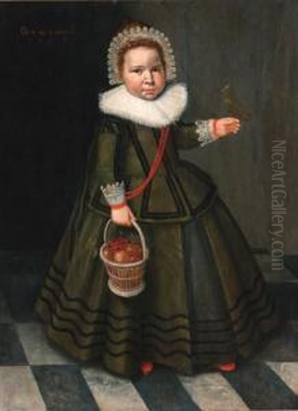 Portrait Of A Young Girl, 
Standing Full-length, In A Grey Dresswith A Ruff And A Lace Headdress, 
Holding A Basket Of Fruit With Abird Perched On Her Hand Oil Painting by Wybrand Simonsz. de Geest