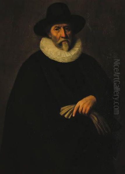 Portrait Of A Gentleman, 
Three-quarter-length, In Black Costumewith A Ruff Holding A Glove; And 
Portrait Of A Lady,three-quarter-length, In A Black Dress Holding A 
Prayer Book Oil Painting by Wybrand Simonsz. de Geest