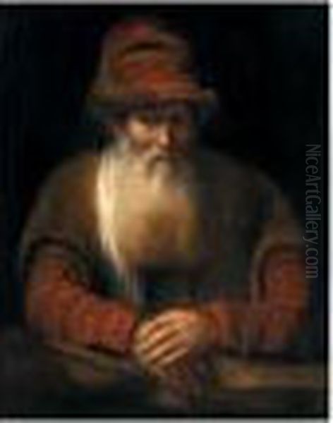 Portrait Of An Old Bearded Man, 
Half-length, Wearing A Red Hat And A Brown Coat, Resting On A Ledge Oil Painting by Aert De Gelder