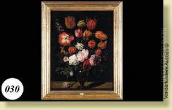 Vase De Fleurs Sur Un Entablement Oil Painting by Andries Jacobsz. Stock