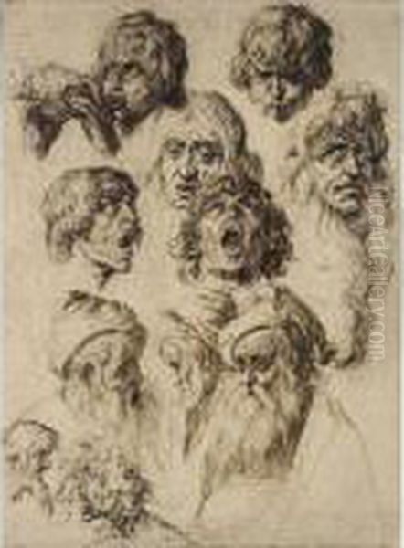 A Sheet Of Eleven Studies Of Heads Oil Painting by Andries Jacobsz. Stock