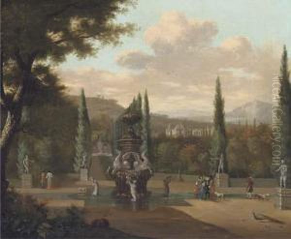 Elegant Figures Walking In The Garden Of A Palace Oil Painting by Josua de Grave