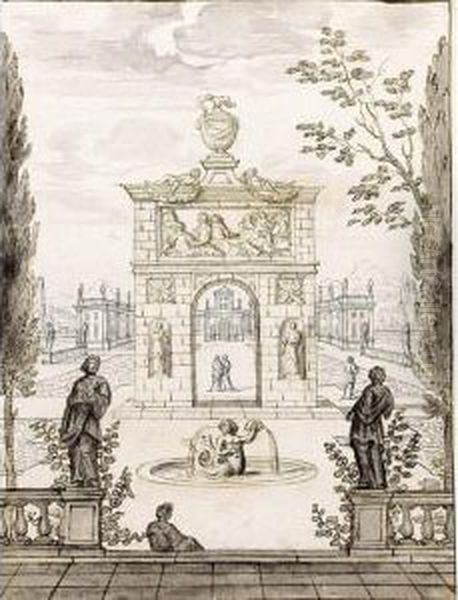 Classical Garden With Arcades, Statues And A Fountain Oil Painting by Josua de Grave