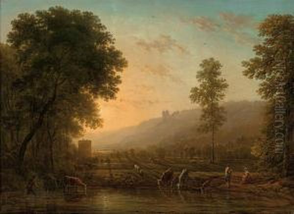 Watering Cattle At Dusk Oil Painting by Victor DeGrailly