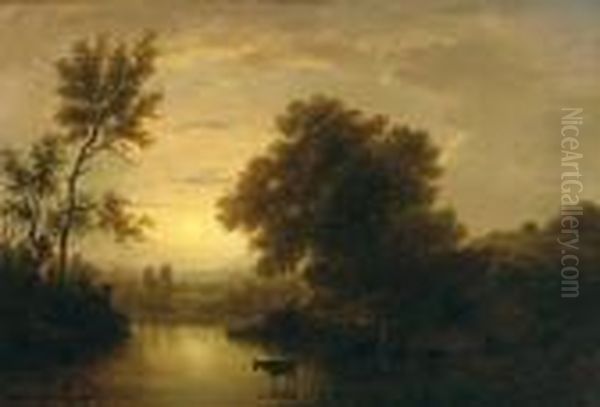 Abendliche Seenlandschaft Mit Kuhen An Der Tranke Oil Painting by Victor DeGrailly