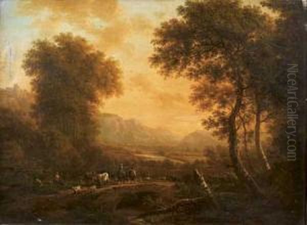 Paysage Montagneux A La Riviere Avec Une Bergere Et Oil Painting by Victor DeGrailly