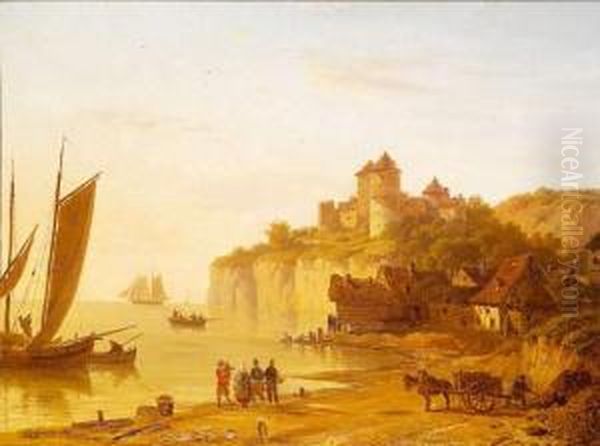 La Falaise Et Le Chateau De Tancarville, 1836 Oil Painting by Victor DeGrailly