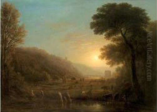 Paysage Pastorale Au Coucher De Soleil Oil Painting by Victor DeGrailly