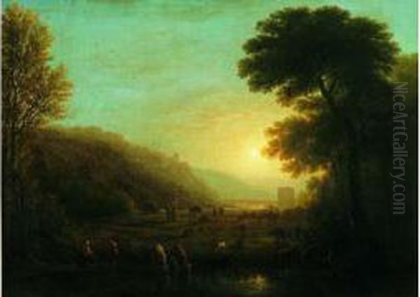 Scene Pastorale Au Coucher De Soleil Oil Painting by Victor DeGrailly