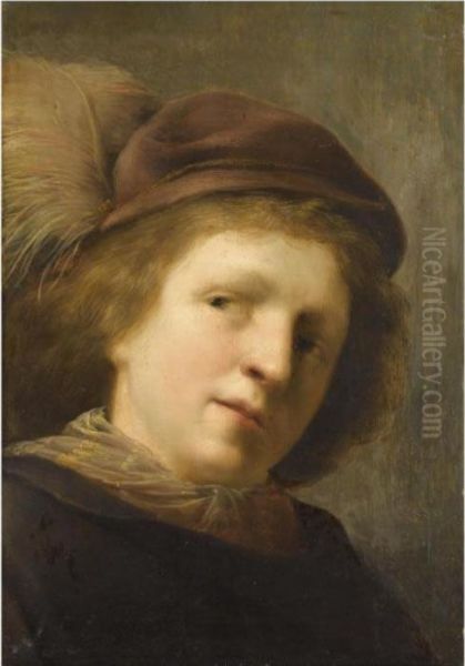 Portrait Of A Young Boy, Head 
And Shoulders, With His Head Cockedto The Left And Wearing A Plumed Hat Oil Painting by Pieter de Grebber