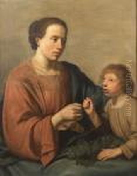 A Young Boy Drinking From A Glass Held By A Woman: An Allegory Oil Painting by Pieter de Grebber