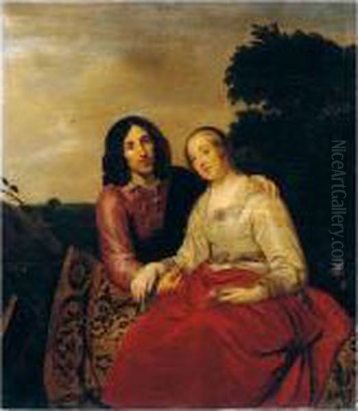 A Marriage Portrait, With A Lady
 And Gentleman Seated On A Carpet Draped At The Base Of A Tree, Within A
 Landscape Setting Oil Painting by Pieter de Grebber