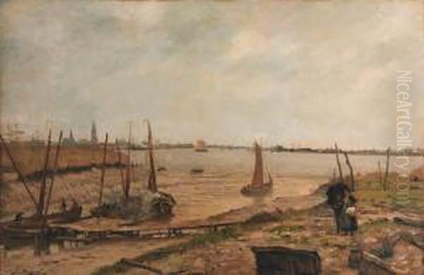 A View Of The River Scheldt Near Antwerp, With Moored Shipping Inthe Foreground Oil Painting by Jean-Baptiste De Greef