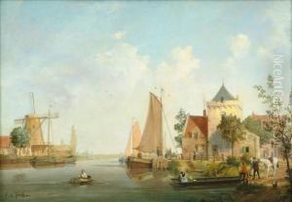 Dutch River Scene Oil Painting by A. J. F. De Groote