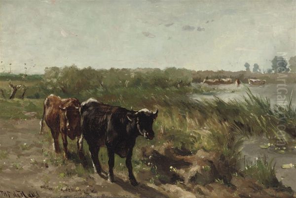 Cows Near A River Oil Painting by Johannes-Hubertus-Leonardus de Haas