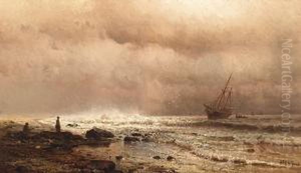 A Coastal View With Figures And A Ship At Sea Oil Painting by Mauritz F. H. de Haas