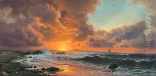 Sunset On The Coast Oil Painting by Mauritz F. H. de Haas