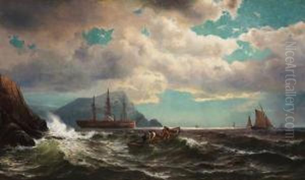 Fishermen Near A Rocky Coast Oil Painting by Mauritz F. H. de Haas