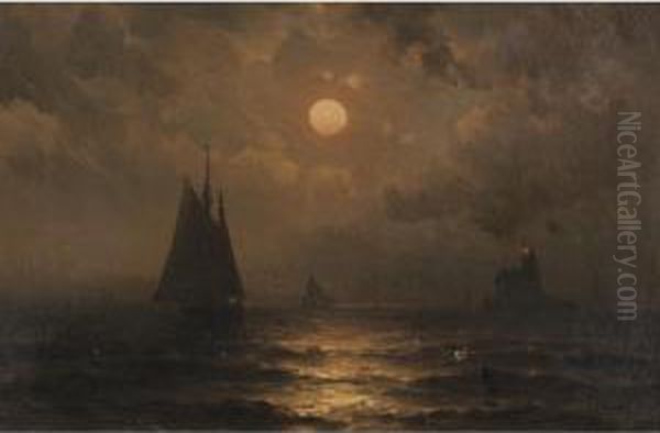 Moonlight At Sea Oil Painting by Mauritz F. H. de Haas