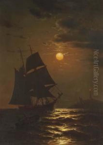 Moonlight Sailing Oil Painting by Mauritz F. H. de Haas