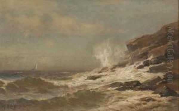 Waves Crashing On A Rocky Shore With A Vessel On The Horizon Oil Painting by Mauritz F. H. de Haas