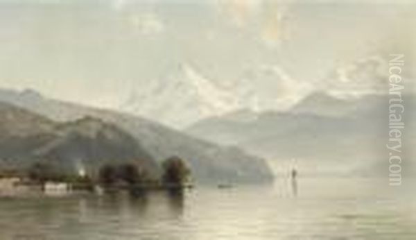 A Quiet Day On The Lake With Snowy Mountains Beyond Oil Painting by Mauritz F. H. de Haas