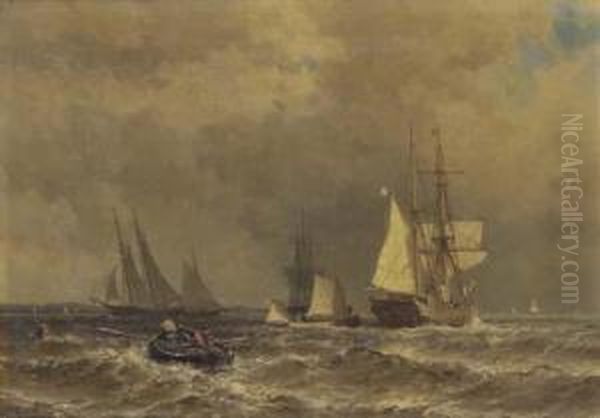 Dutch Fishing Craft Off The Coast Oil Painting by Mauritz F. H. de Haas