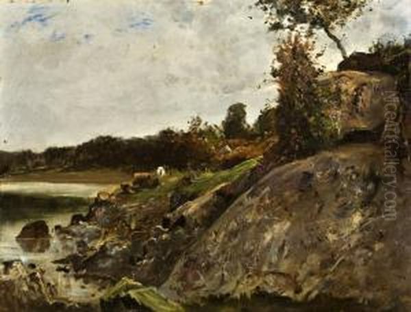 Paisaje Con Rio Y Vacas Oil Painting by Carlos De Haes Y Fortuny