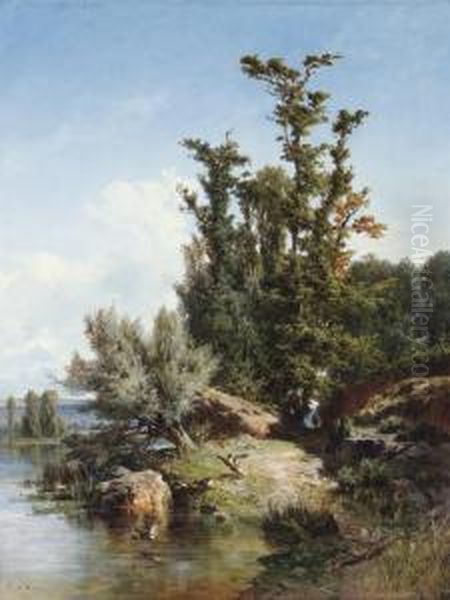 Orilla Del Rio. Aragon Oil Painting by Carlos De Haes Y Fortuny