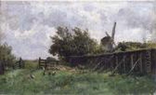 Paisaje Holandes Con Gallinas Y Un Molino Al Fondo Oil Painting by Carlos De Haes Y Fortuny