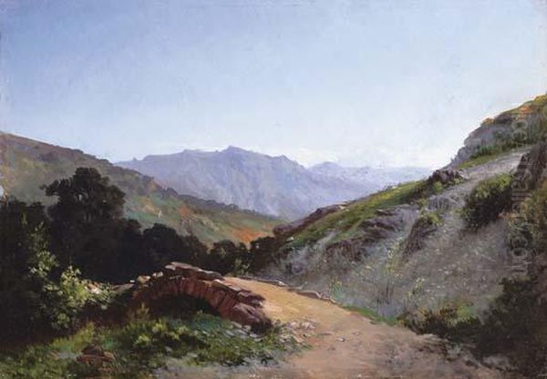 Paisaje Montanoso Con Puente Oil Painting by Carlos De Haes Y Fortuny