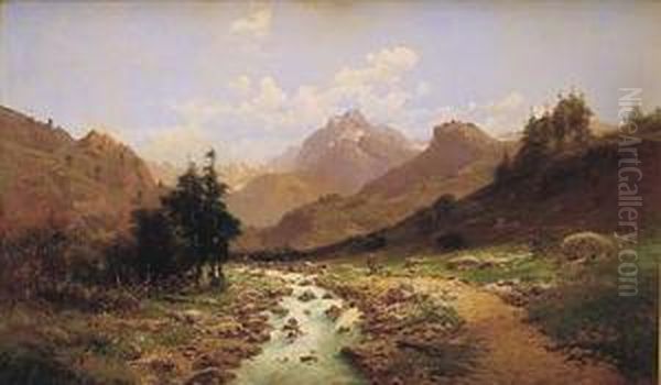 Paisaje De Alta Montana Con Rio Y Pastora Oil Painting by Carlos De Haes Y Fortuny